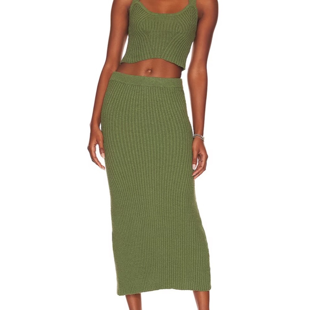 Hugo Boss Midi Moss Green Ribbed Skirt